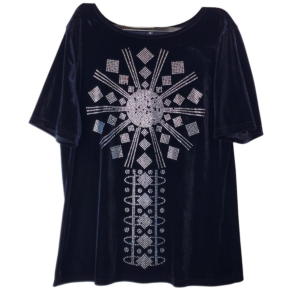 WomensBlack Velour Rhinestone Geometric Short Sleeve T-Shirt‎ Top XL